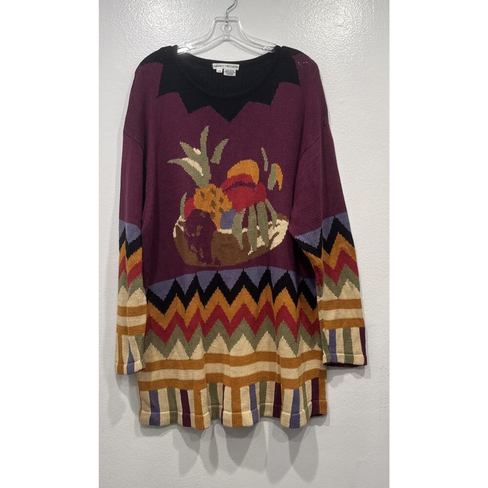 Nancy Heller Colorful Knit Sweater Womens‎ Plus Size 1X Fruit Zig Zag Artsy READ